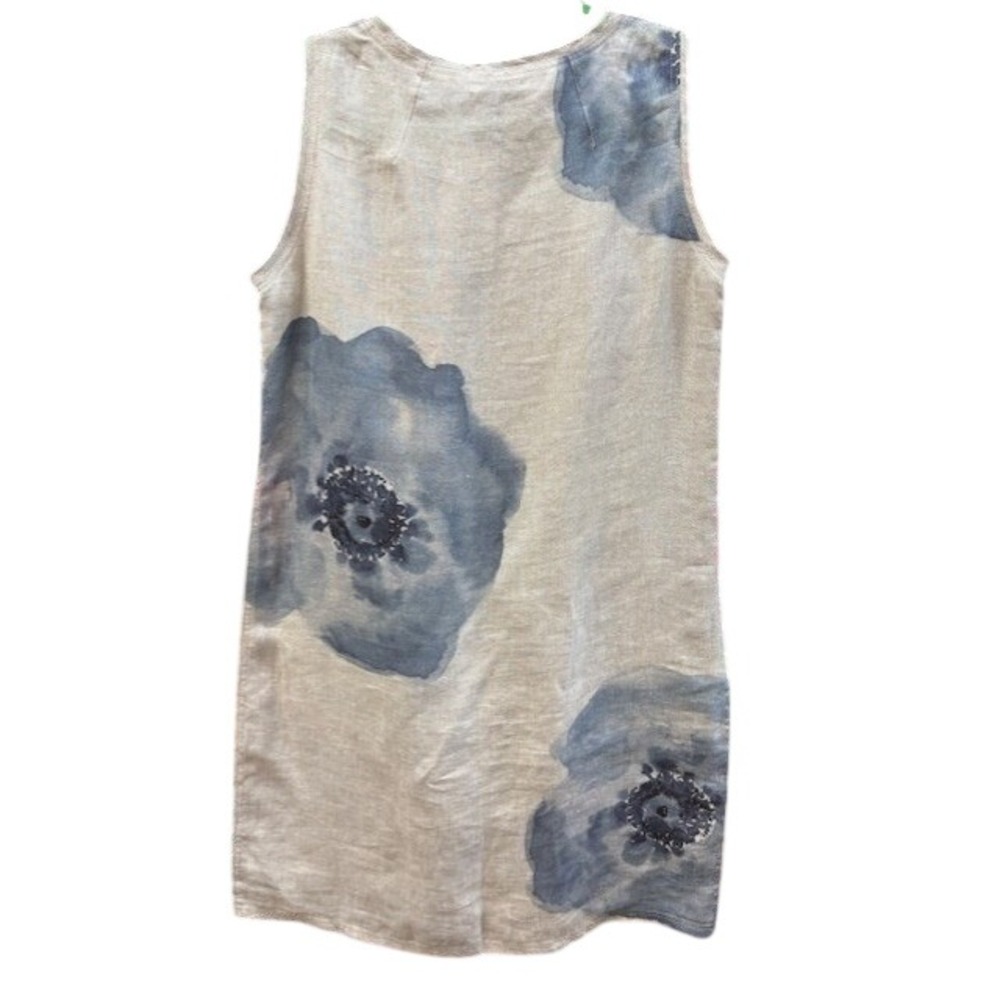 iLinen Lifestyle Womens Linen Floral Shift Dress Beige Blue Sleeveless Size M - Picture 2 of 3